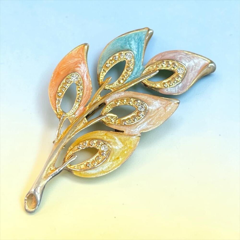 Pastel Enamel Leaf Spray Brooch Rhinestone Spring Garden